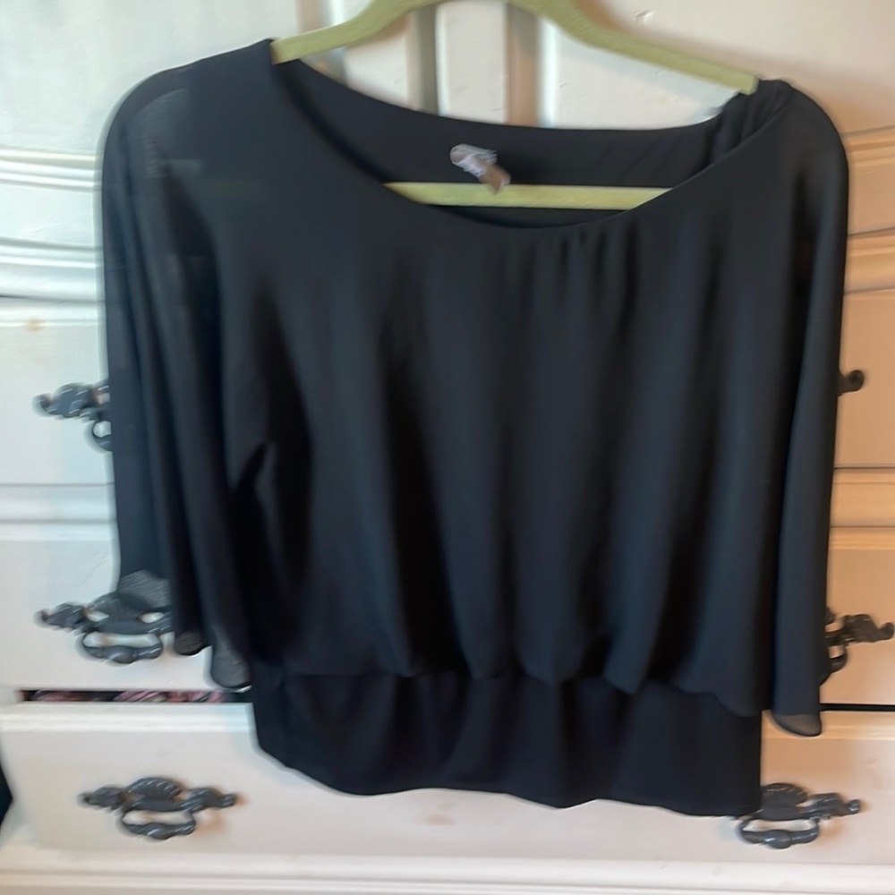 Black sheer sleeve blouse w fitted waist Size L
